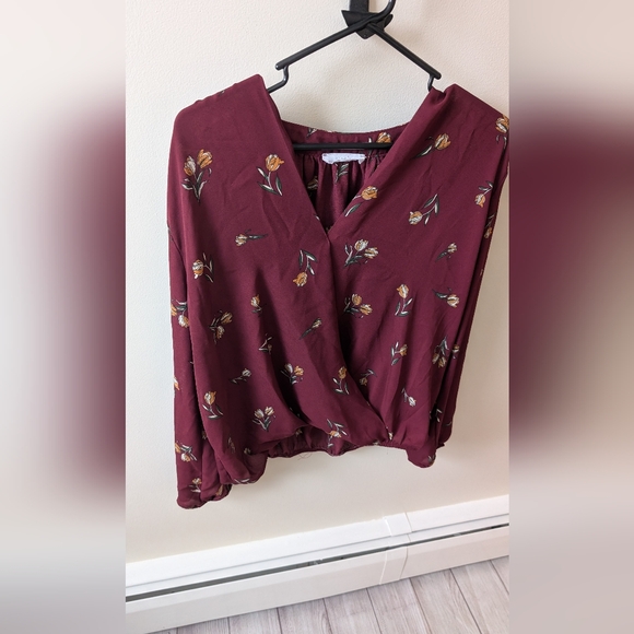 Elodie long sleeve sheer floral print burgundy blouse. Size XL - Picture 6 of 9